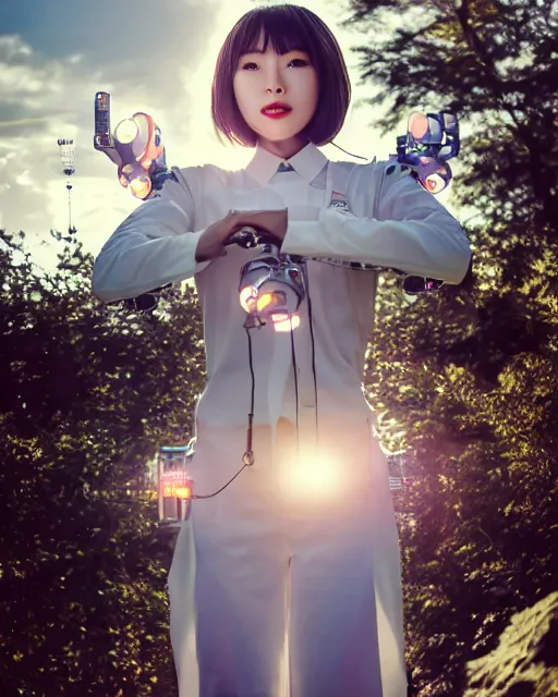 Image similar to beautiful centered photo of korean girl as a solarpunk cyborg with white mechanical parts and implanted bright halogen lamps, treading above calm water, ultra - realistic and detailed, sun lit, white background, bokeh, soft focus, slow exposure hdr 8 k