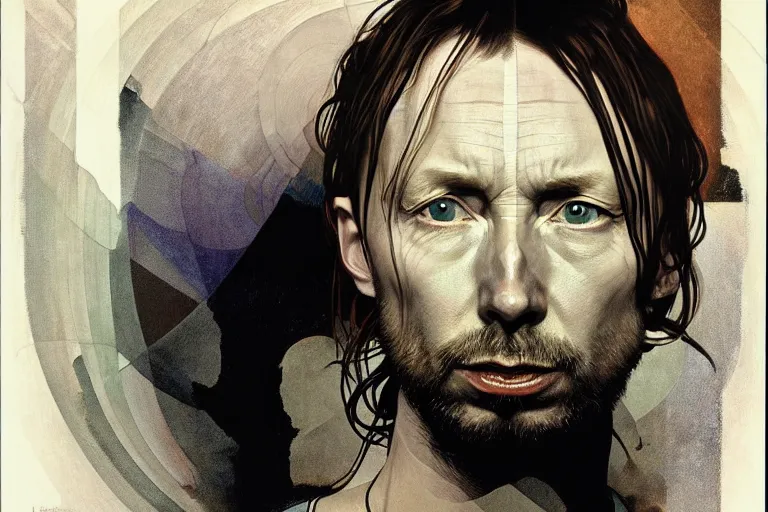 Image similar to hyper realistic portrait of thom yorke singer songwriter, side, flat face, liminal space, by lee bermejo, alphonse mucha and greg rutkowski