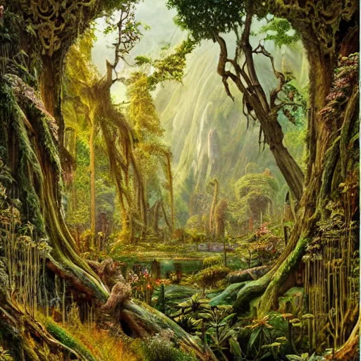 Prompt: a beautiful and highly detailed oil painting of a lost forest deep in the mountains, ancient runes, lush plant growth, tall grass, flowers, carved stone, intricate details, epic scale, insanely complex, rivendell, 8 k, sharp focus, hyper realism, fantasy landscape, psychedelic, by caspar friedrich and brian froud,