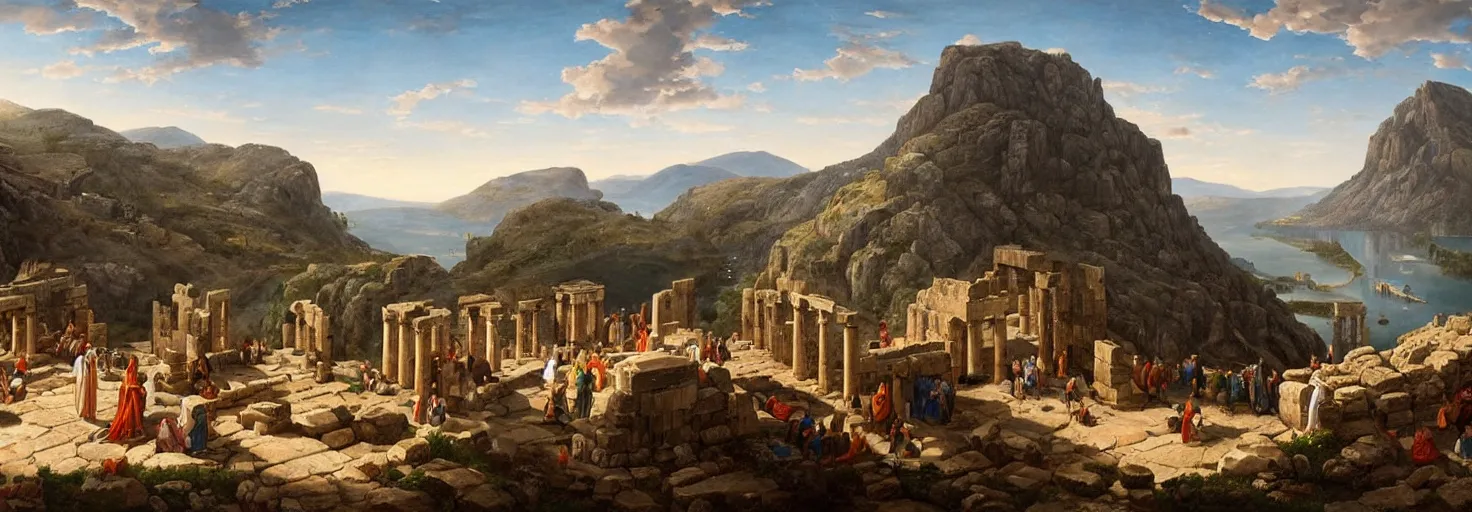 Prompt: an awe - inspiring raphael lacoste and noah bradley landscape painting of the elite of greek society at the oracle of delphi drinking kykeon discussing the fate of humanity at the acropolis atop mount olympus