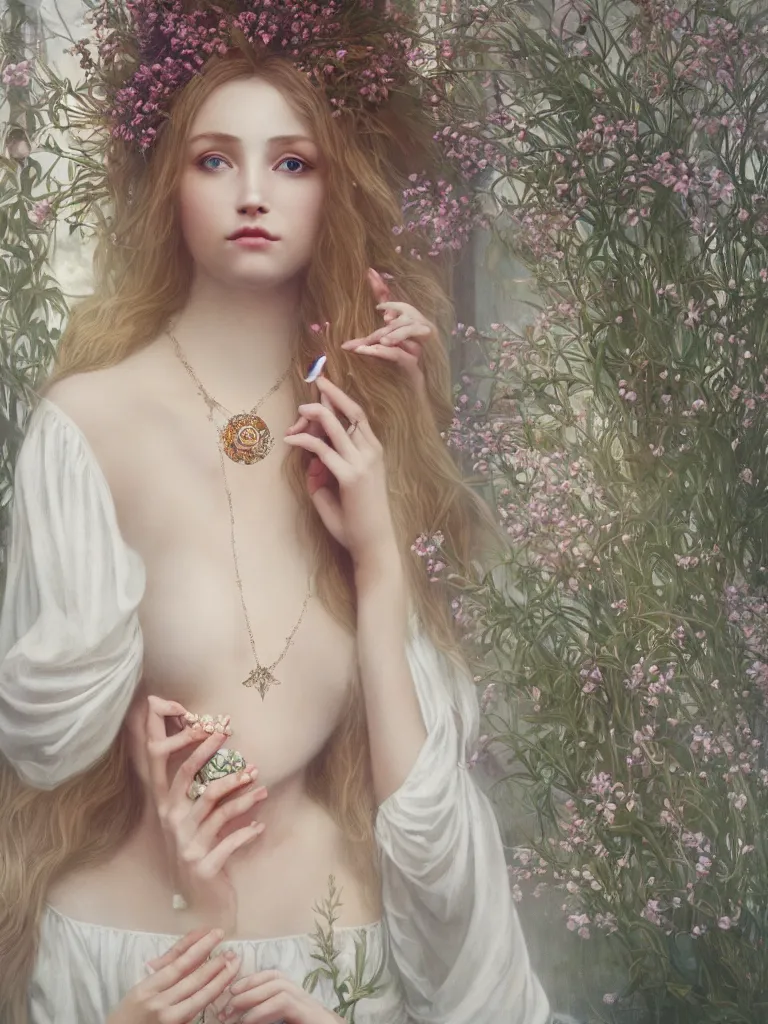 Image similar to a blonde girl in white dress in beautiful window, necklace with a fruit seed ornament, ocean eyes, light freckles, incense smoke and flowers in the background, portrait, mucha, conceptart, medium shot, unreal, octane, symmetrical, photorealism.