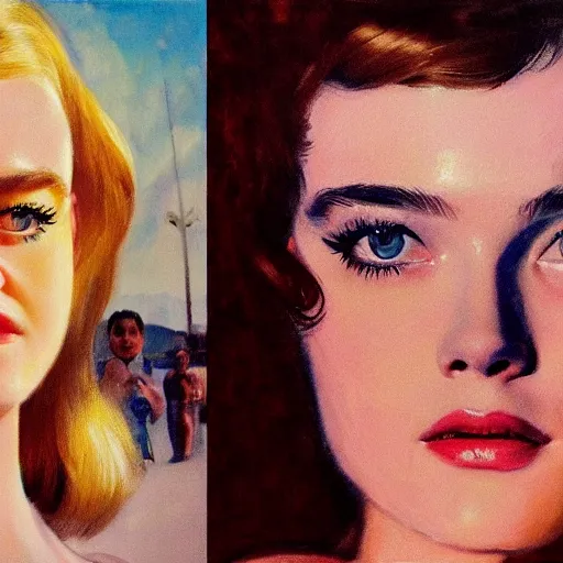 Prompt: ultra realistic portrait painting of elle fanning in a 6 0 s ad, art by frank frazetta, 4 k, ultra realistic, highly detailed, epic lighting