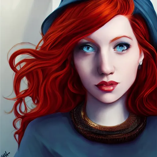 Image similar to a portrait of a young woman with red hair, smart, rich, fancy clothes, artist, artistic, shallan davar, blue eyes, beautiful, smiling, thick hair, dnd, artgerm style