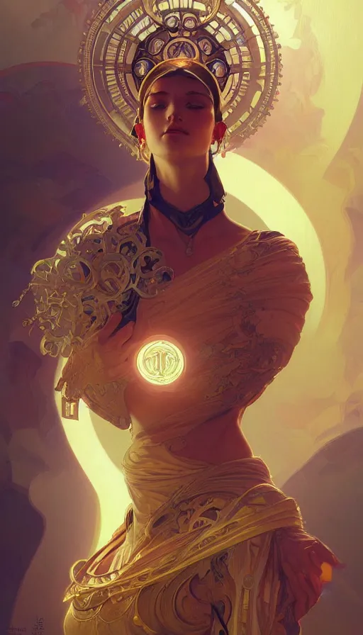 Image similar to a mechanical orb, religious, elegant, intricate, digital painting, artstation, concept art, smooth, sharp focus, illustration, art by artgerm and greg rutkowski and alphonse mucha, no people