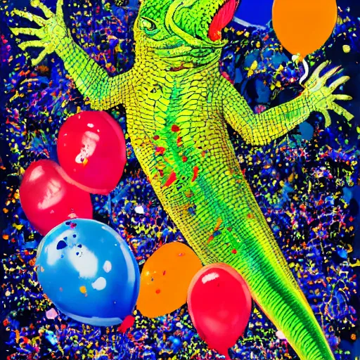 Prompt: Hillary Clinton as a lizard looking at brightly colored balloons, Ralph steadman, psychedelic, surreal, ink splatter, detailed, 4k