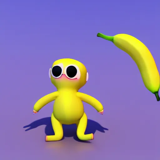 Image similar to Dancing banana at the beach, 3d render, cute, chibi, shaded