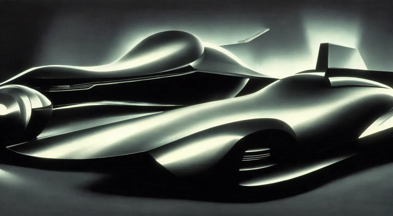 Prompt: high quality photo of a futuristic art deco car from a 60s sci-fi movie cinematic lighting caravaggio