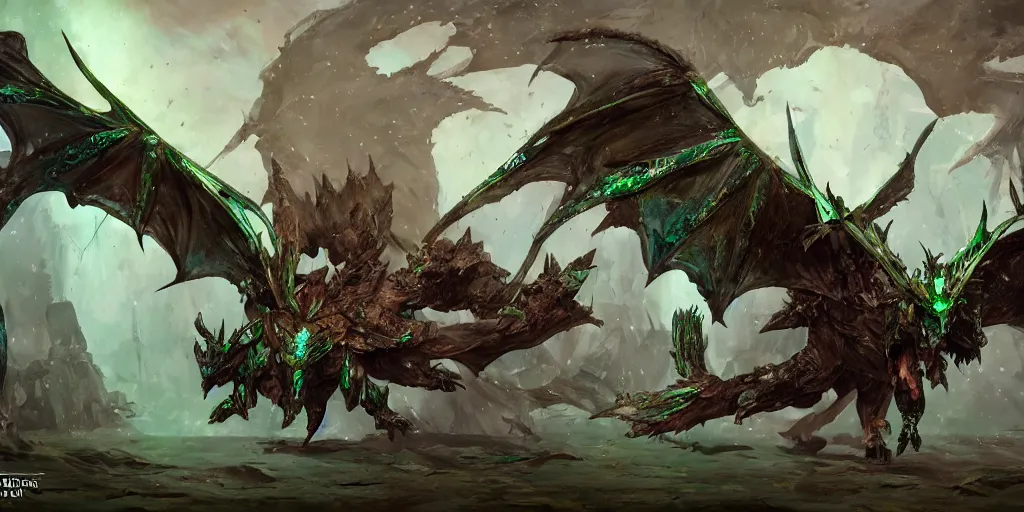 Image similar to Emerald four legged crystal bat, character design sheet, Monster Hunter Illustrations art book, big claws, sharp fangs, huge wings, long tail, iridescent scale patterns, cluster of crystals as spikes on its back, Moebius, Greg Rutkowski, Zabrocki, Karlkka, Jayison Devadas, Phuoc Quan, trending on Artstation, 8K, ultra wide angle, zenith view, pincushion lens effect.