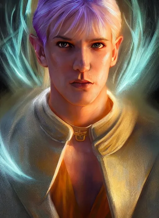 Prompt: male priest blonde parted hair healer, dndbeyond, bright, colourful, realistic, dnd character portrait, full body, pathfinder, pinterest, art by ralph horsley, dnd, rpg, lotr game design fanart by concept art, behance hd, artstation, deviantart, global illumination radiating a glowing aura global illumination ray tracing hdr render in unreal engine 5
