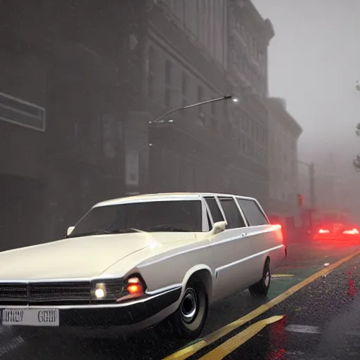 Image similar to hyperdetailed, photorealistic photograph of the ecto 1 driving in the streets, rain, night, dense fog, hd, unreal engine 5