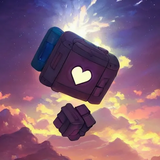 Image similar to beautiful painting of companion cube in a beautiful landscape, anime, studio ghibli, makoto shinkai, rhads, radiant light, detailed and intricate environment