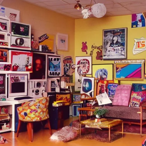 Image similar to 1990s Hi-8 footage of a nostalgic room decorated in Pop culture from the 1990s, nostalgic, vintage