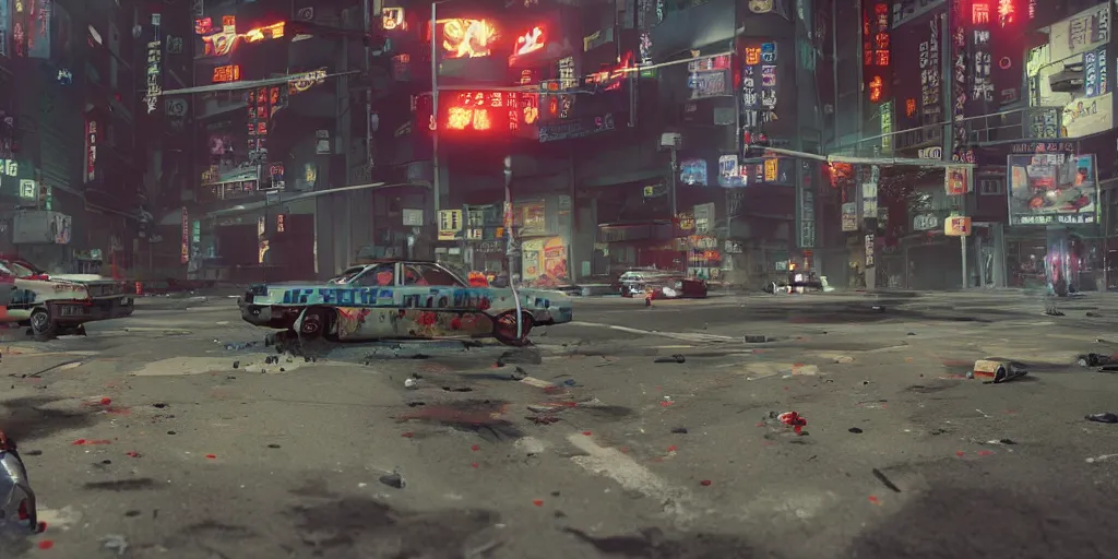 Image similar to 1991 Video Game Screenshot, Anime Neo-tokyo Cyborg bank robbers vs police shootout, bags of money, Police officer hit, Bullet Holes and Blood Splatter, Hostages, Smoke Grenade, Sniper, Chaotic, Cyberpunk, Anime VFX, Machine Gun Fire, Violent, Action, Fire fight, FLCL, Free-fire, Highly Detailed, 8k :4 by Katsuhiro Otomo + Studio Gainax + Arc System Works : 8