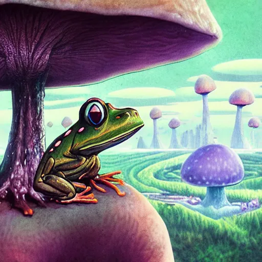 Image similar to A close up portrait of a dignified psychedelic godlike anthropomorphic frog smoking an anime blunt , magic mushroom village in background . award winning. superb resolution. in the art style of junji Ito and greg rutkowski . Detailed Mushroom city in background. Hyper realistic anime. Perfect art. Dalle2