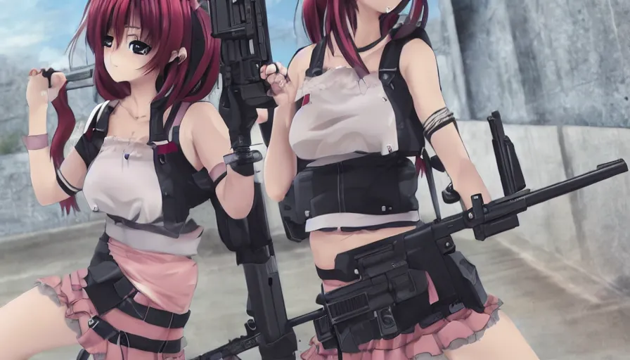 Image similar to anime girls in a gun fight, photorealistic, anime, mini skirt, hyper real, detailed, wide angle shot