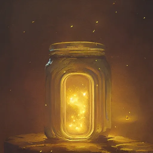 Image similar to Fireflies in a jar, Greg Rutkowski