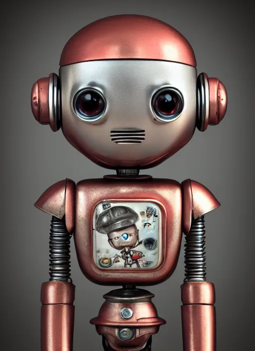 Image similar to highly detailed closeup portrait of a cute tin toy retro robot, nicoletta ceccoli, mark ryden, lostfish, earl nore, hyung tae, frank frazetta, global illumination, god rays, detailed and intricate environment