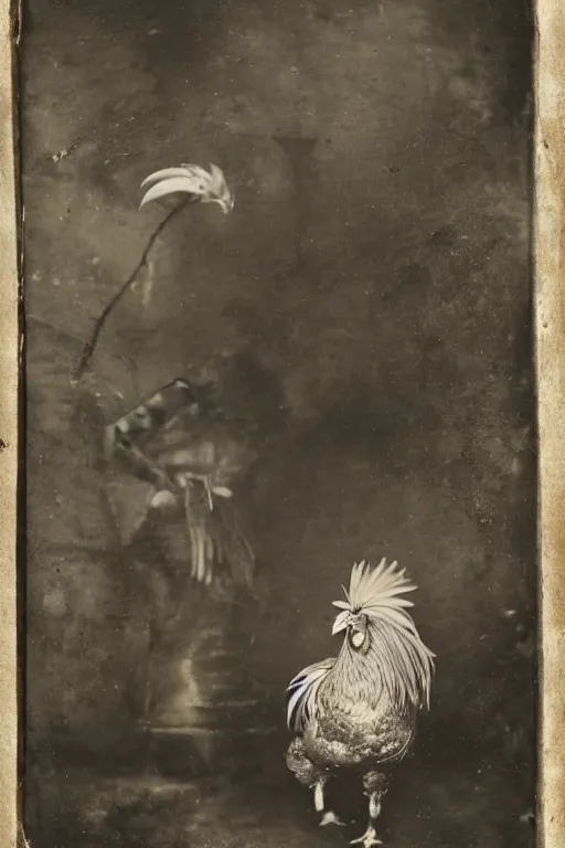 Image similar to a wet plate photo of an anthropomorphic rooster with a lute