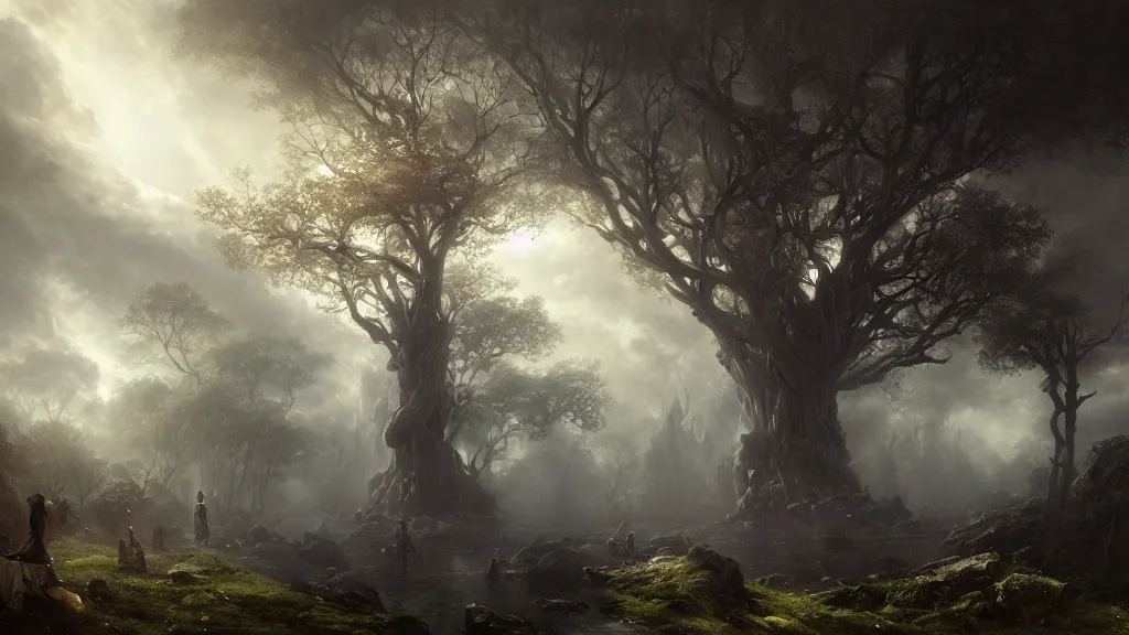 Image similar to the great elven tree. andreas achenbach, artgerm, mikko lagerstedt, zack snyder, tokujin yoshioka