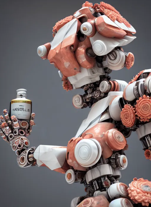 Image similar to biomechanical corals, daisies, well contoured smooth fair walls with marble mecha carrying a bottle of perfume, up close shot, sharp focus, global illumination, radiant light, alexandre ferra white mecha, irakli nadar, octane highly render, 4 k, ultra hd,