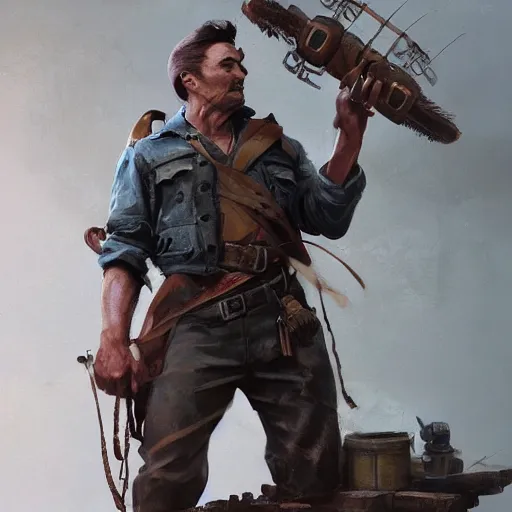 Image similar to a highly detailed epic cinematic concept art CG render digital painting artwork costume design: Errol Flynn as a 1950s sly army mechanic engineer with a thick stubble. By Greg Rutkowski, Ilya Kuvshinov, WLOP, Stanley Artgerm Lau, Ruan Jia and Fenghua Zhong, trending on ArtStation, subtle muted cinematic colors, made in Maya, Blender and Photoshop, octane render, excellent composition, cinematic atmosphere, dynamic dramatic cinematic lighting, aesthetic, very inspirational, arthouse