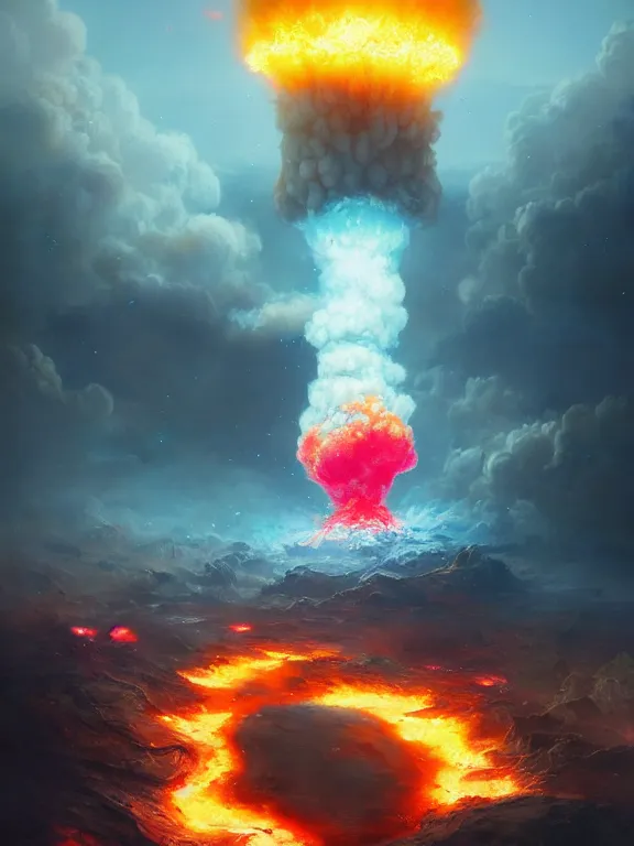 Image similar to photo of 8k ultra realistic nuclear explosion, mushroom cloud, full of colour, cinematic lighting, battered, trending on artstation, 4k, hyperrealistic, focused, extreme details,unreal engine 5, cinematic, masterpiece, art by Peter Mohrbacher