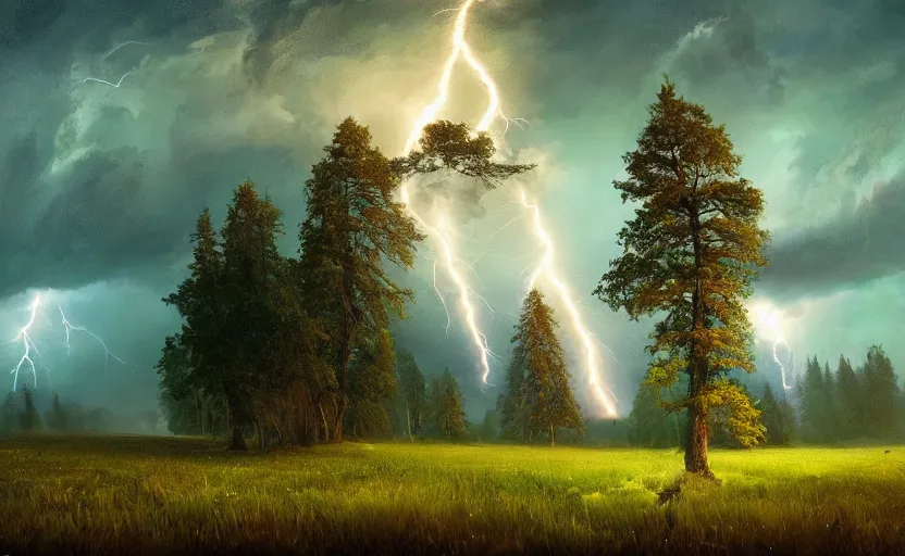 Image similar to lightning strikes a tree in the middle of a field, fantastic landscape, hyperrealism, no blur, 4k resolution, ultra detailed, style of Anton Fadeev, Ivan Shishkin, John Berkey