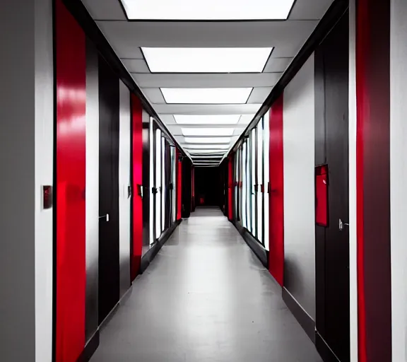 Prompt: spooky photo of an infinite hallway with open lit doorways all the way down, dramatic lighting, smoke, ceiling fluorescent lighting, black and red colour palette