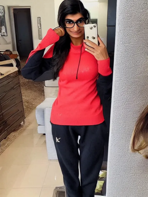 Prompt: sexy mia khalifa wearing comfy sweater and ski pants