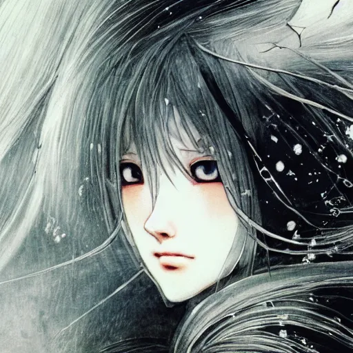 Image similar to Yoshitaka Amano blurred and dreamy illustration of an anime girl with wavy white hair and cracks on her face wearing Elden ring armour with the cape fluttering in the wind, abstract black and white patterns on the background, noisy film grain effect, highly detailed, Renaissance oil painting, weird portrait angle