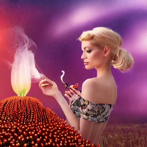 Image similar to beautiful woman smoking weed with amanita muscaria, hyperreal, ethereal, realistic, extremely detailed, space background