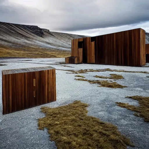 Prompt: futuristic architect house made from deconstucted wood and mirrors, iceland landscape photography, by lurie belegurschi and gunnar freyr