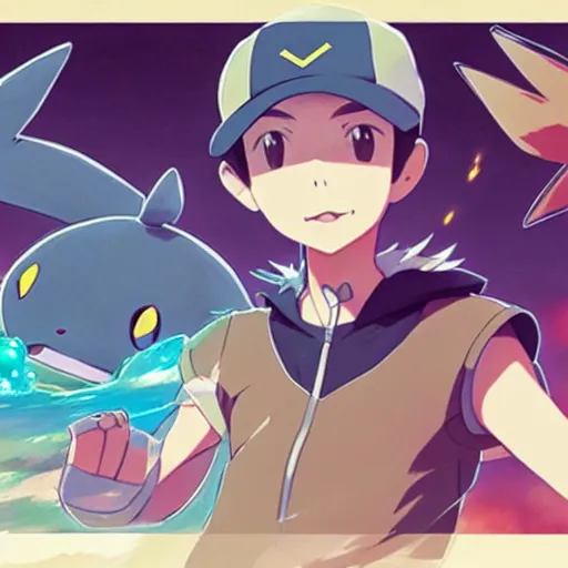 Image similar to a pokemon go card from 1 9 5 0, illustration, concept art, anime key visual, trending pixiv fanbox, by wlop and greg rutkowski and makoto shinkai and studio ghibli and kyoto animation, symmetrical facial features, pokemon trainer