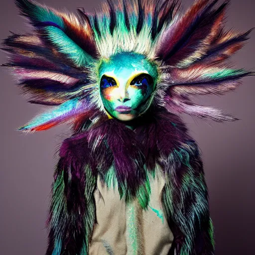 Image similar to a photography of a shamanic creature with big painted eyes and multiple layers of fabric and fur by charles freger