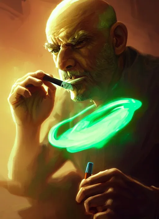 Prompt: a highly detailed illustration of bald old man smoking with green glowing eyes, dramatic cigarette in mouth pose, nuclear background, intricate, elegant, highly detailed, centered, digital painting, artstation, concept art, smooth, sharp focus, league of legends concept art, wlop.