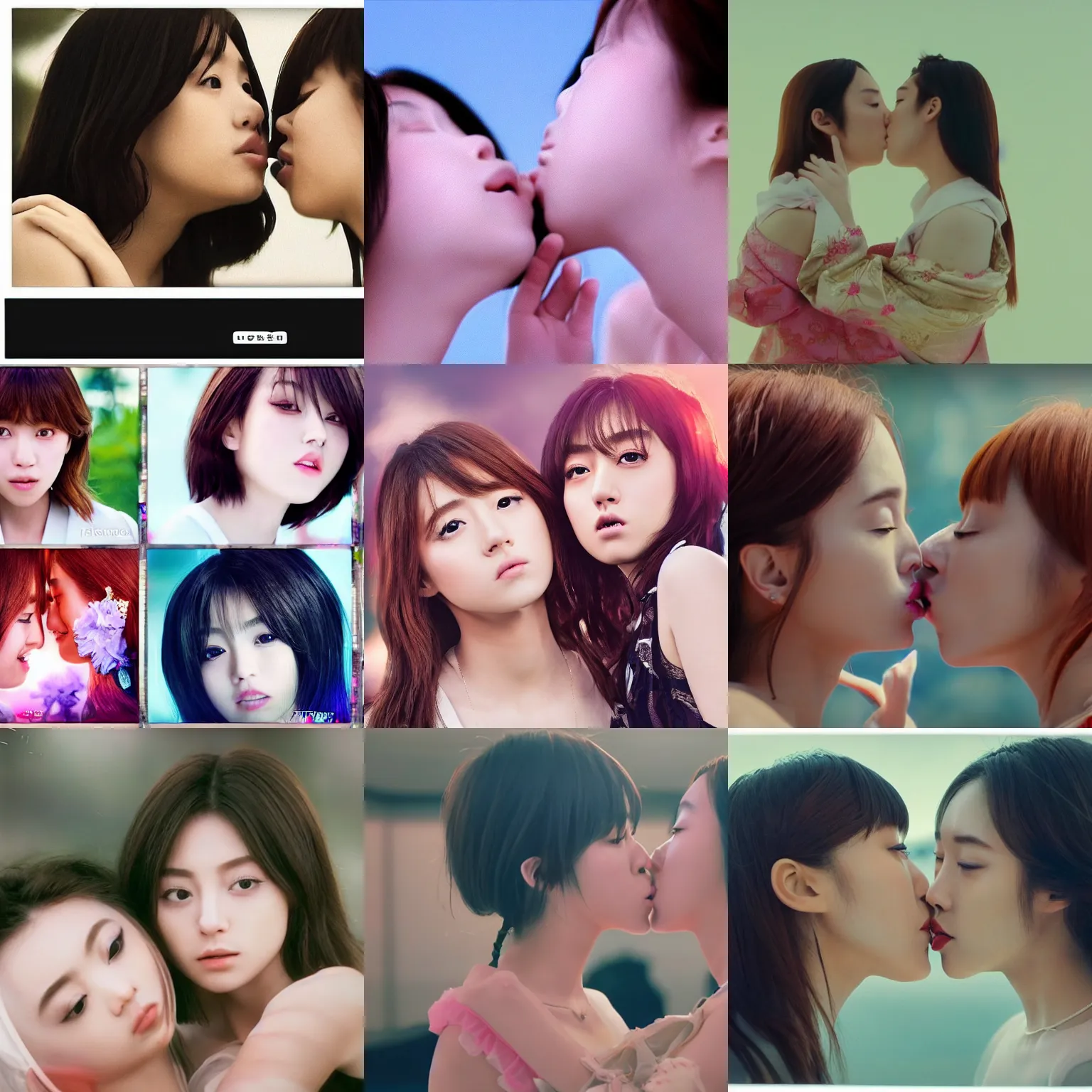 Image similar to unbelievably beautiful, perfect, dynamic, epic, cinematic 8 k hd movie shot, kiss of two japanese beautiful cute young j - pop idols actresses girls, they kiss each other. motion, vfx, inspirational arthouse, high budget, hollywood style, at behance, at netflix, with instagram filters, photoshop, adobe lightroom, adobe after effects, taken with polaroid kodak portra