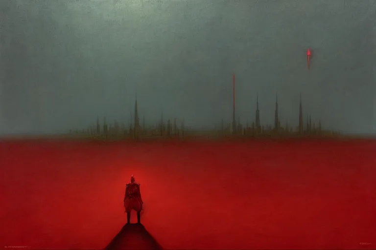 Image similar to only with red, a red god of death eat apple, a futuristic city on mars in background, an ancient path, pathos, in the style of beksinski, part by hopper, part by rodcenko, part by hofbauer, intricate composition, red by caravaggio, insanely quality, highly detailed, masterpiece, red light, artstation