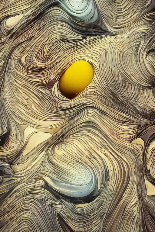 Prompt: perfect abstract concept art by james jean and bridget riley and apple, fluid simulation in houdini paint suspended in oil, cinematic architectural scale, volumetric, beige cream natural muted tones, trending on artstation, rendered in octane