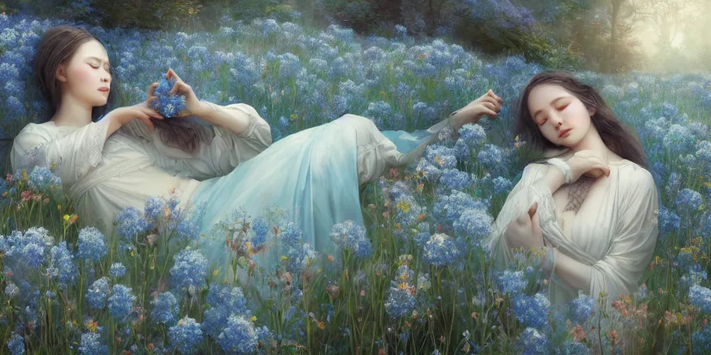 Prompt: breathtaking detailed concept art painting of sleeping in meadow goddesses of light blue flowers, orthodox saint, with anxious, piercing eyes, ornate background, amalgamation of leaves and flowers, by Hsiao-Ron Cheng, volegov, extremely moody lighting, 8K