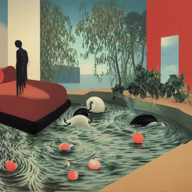 Image similar to painting of flood waters inside a bedroom, female emo art student, a river flooding indoors, pomegranates, pigs, ikebana, water, octopus, river, rapids, waterfall, black swans, canoe, berries, acrylic on canvas, surrealist, by magritte and monet