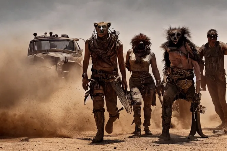 Prompt: a film still from the movie mad max fury road of the anthropomorphic anthro hyena crocuta raiders wearing scavenger clothes standing in the post apocalyptic wasteland