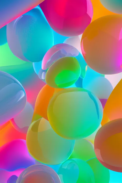 Prompt: high quality 3 d render of abstract gradient coloured shapes floating in a white space with watery reflecting glass materials, matte colorful gradients, unreal engine octane render raytracing, diffuse light