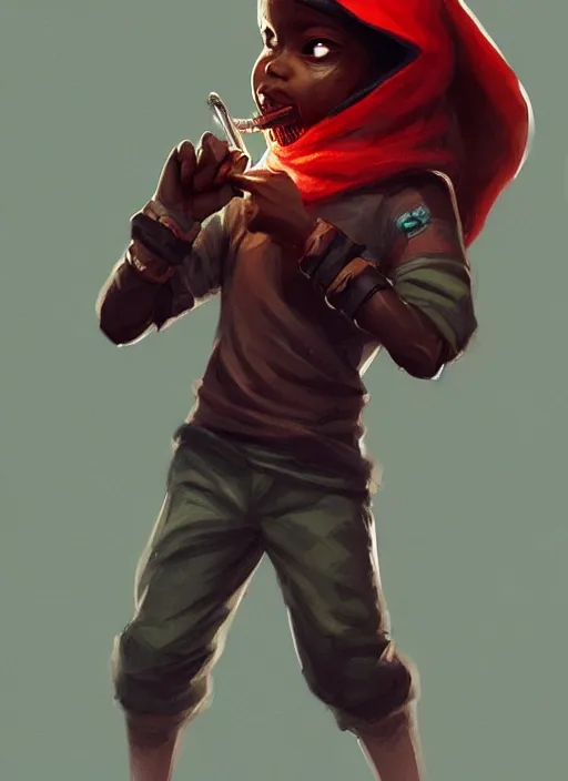 Prompt: a highly detailed illustration of a little black boy and has only one leg, red hood and a pipe smoking in his mouth, cute, highly detailed, centered, digital painting, artstation, concept art, smooth, sharp focus, league of legends concept art, wlop
