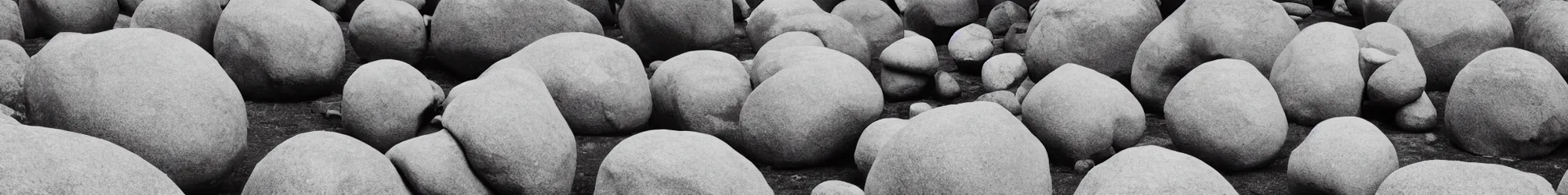 Prompt: line-up of many sisyphus pushing huge boulders through an empty space, white background, performance photography