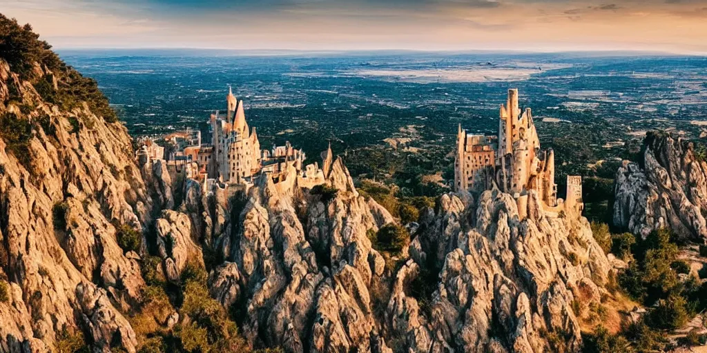 Prompt: photograph of a medieval castle sculpted on the cliff, designed by antoni gaudi, game of thrones, evening at dusk, golden hour, cinematic, movie still, rule of thirds, golden ratio, phi