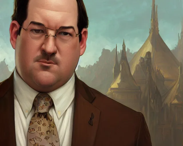 Prompt: close up of kevin malone wearing a brown suit and necktie, focus, d & d, intricate, elegant, highly detailed, digital painting, artstation, concept art, matte, sharp focus, illustration, hearthstone, art by artgerm and greg rutkowski and alphonse mucha