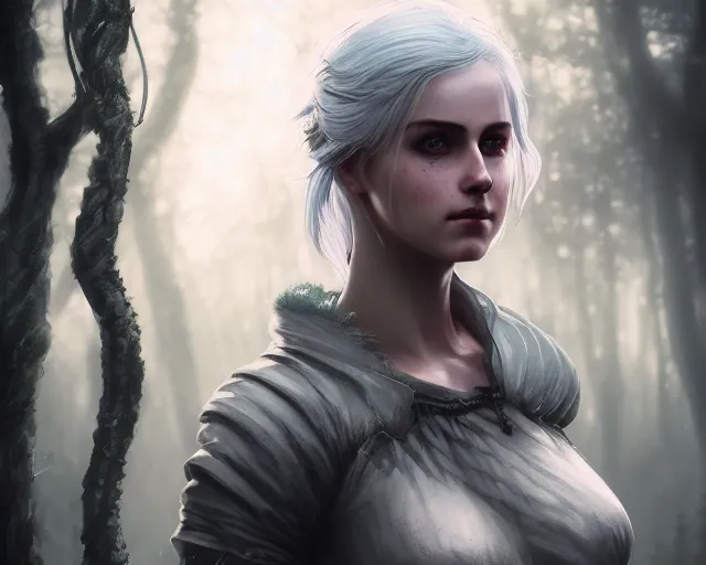 Image similar to 5 5 mm portrait photo of a real life ciri, in a magical forest. dark atmosphere. art by greg rutkowski. highly detailed 8 k. intricate. lifelike. soft light. nikon d 8 5 0.