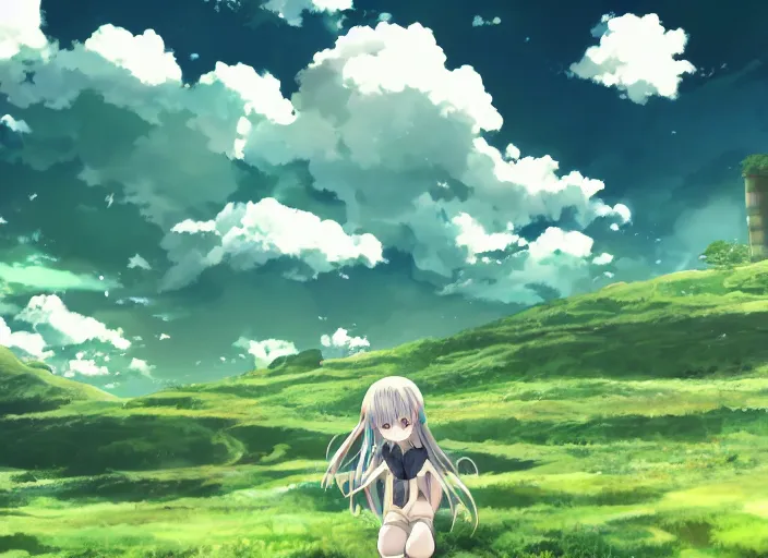 Prompt: illustration of a wide shot green hills with clouds in the background, cute anime girl with platinum blonde hair and big eyes close to foreground, anime key visual, official media, illustrated by wlop, extremely detailed, 8 k, trending on pixiv, cinematic lighting, beautiful