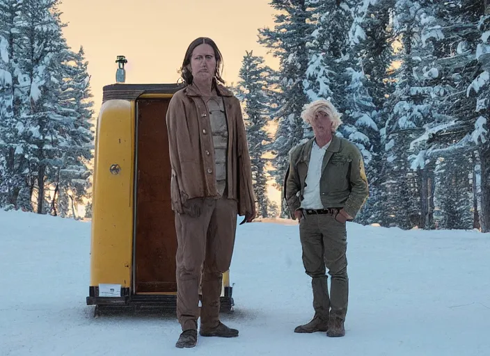 Image similar to first official image from wes anderson's new sci - fi film set in challis!, idaho, sundance official selection, starring ben mendelsohn. shot on alexa mini, stunning cinematography, golden hour, filmgrain, kodak vision 2 0 0 t, shot composition