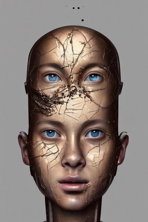 Image similar to beautiful portrait of a teen robot making funny face, dystopian, biopunk, skin details, digital painting, sculpted in zbrush, artstation, concept art, smooth, sharp focus, illustration, chiaroscuro, soft lighting, golden ratio, rule of thirds, fibonacci, art by Audubon, incredible art by Stanley Artgerm Lau and Greg Rutkowski, composition by mike mignola and Simon Stalenhag,